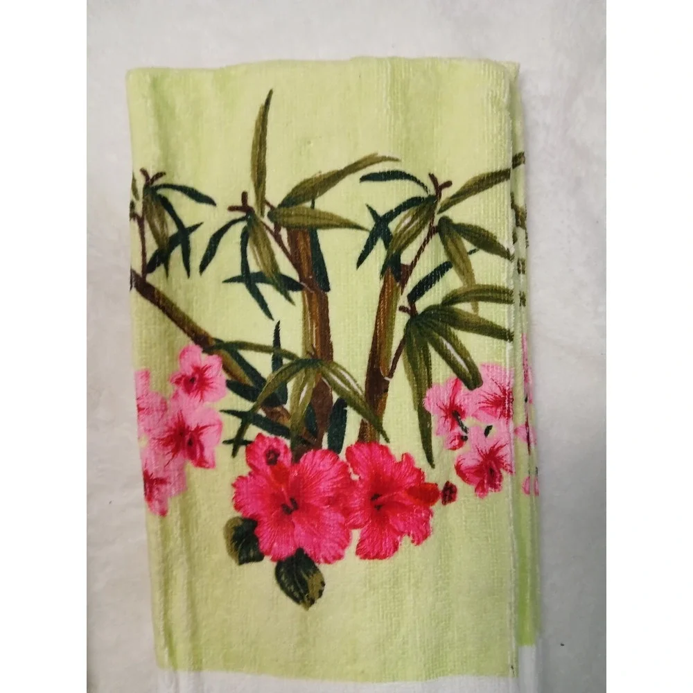 Retro Style 4-Piece Kitchen Cotton Set Pink Hibiscus Floral & Bamboo Print Rare